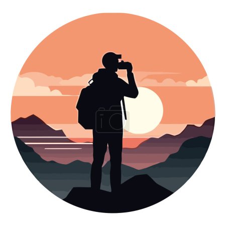 Illustration for Man standing on mountain peak watching sunset, design - Royalty Free Image