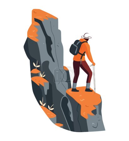 Ilustración de Hombre senderismo montaña pico, aventura extrema - Imagen libre de derechos