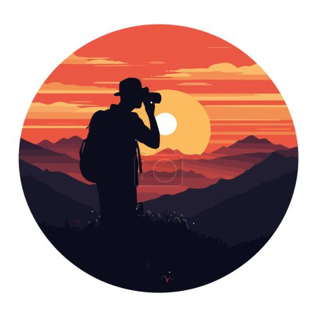 Illustration for Silhouette of one person photographing mountain peak, design - Royalty Free Image