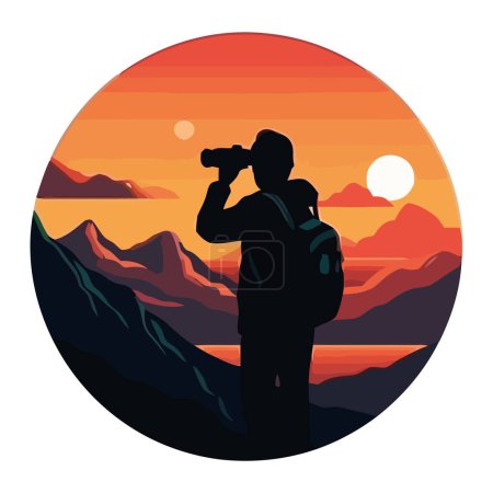 Téléchargez les illustrations : Silhouette de l'homme regardant coucher de soleil sur le sommet de la montagne, design - en licence libre de droit