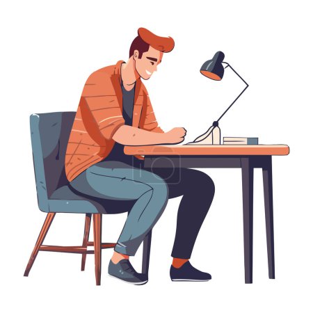 Téléchargez les illustrations : Jeune homme assis au bureau icône de travail isolé - en licence libre de droit