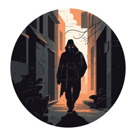Illustration for Silhouette of a spooky burglar walking outdoors icon isolated - Royalty Free Image