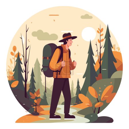 Téléchargez les illustrations : Randonnée pédestre dans la forêt, profiter de la conception de la nature - en licence libre de droit