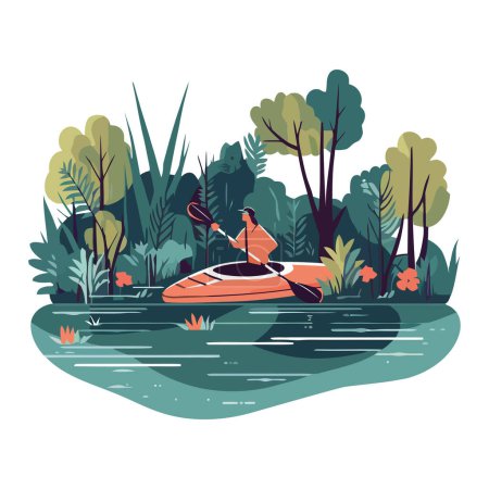 Ilustración de Hombre disfrutando de piragüismo y navegación en un icono del río - Imagen libre de derechos