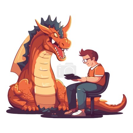 Ilustración de Sonriente dragón de dibujos animados sentado con niño icono aislado - Imagen libre de derechos