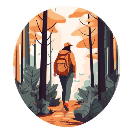 Téléchargez les illustrations : Promenade dans la forêt d'automne, conception d'aventure de sac à dos - en licence libre de droit