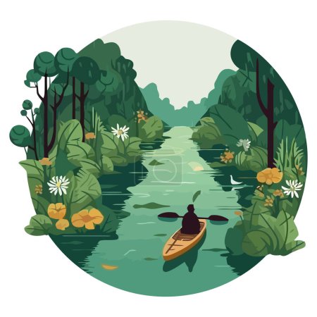 Téléchargez les illustrations : Paysage homme dans un canot sur l'icône de la rivière - en licence libre de droit