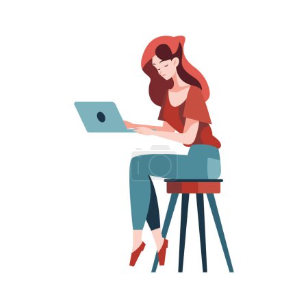 Téléchargez les illustrations : Femme d'affaires assis à l'ordinateur portable travaillant sur blanc - en licence libre de droit