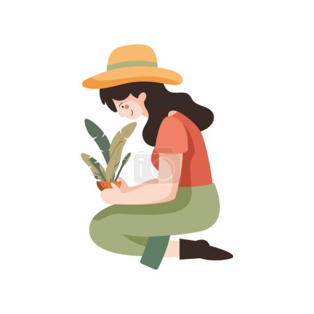 Téléchargez les illustrations : Jeune femme dans la conception de jardinage vert sur blanc - en licence libre de droit