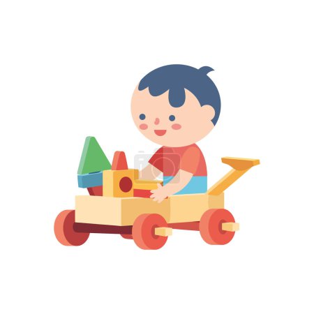 Téléchargez les illustrations : Garçons souriants jouant avec jouet voiture à l'extérieur sur blanc - en licence libre de droit