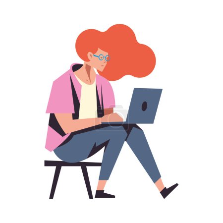 Ilustración de Empresario y mujer trabajando en computadoras portátiles en la oficina sobre blanco - Imagen libre de derechos