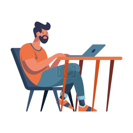 Téléchargez les illustrations : Homme d'affaires prospère travaillant sur ordinateur portable dans le bureau sur blanc - en licence libre de droit