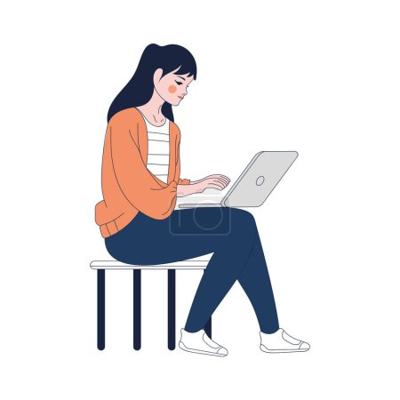 Ilustración de Mujer de negocios sonriendo mientras trabaja en el ordenador portátil sobre blanco - Imagen libre de derechos