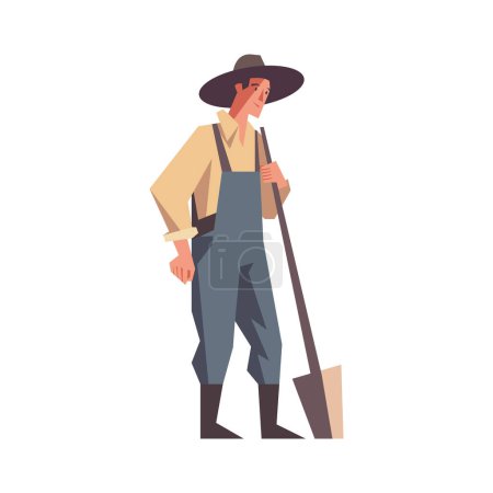 Téléchargez les illustrations : Ouvrier agricole utilisant des équipements de jardinage dans la nature sur blanc - en licence libre de droit