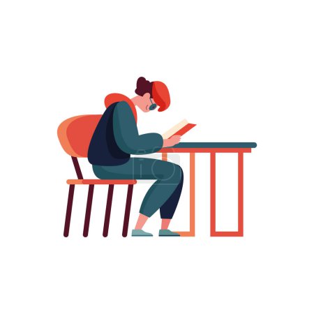 Ilustración de Una persona sentada en la mesa leyendo libro sobre blanco - Imagen libre de derechos