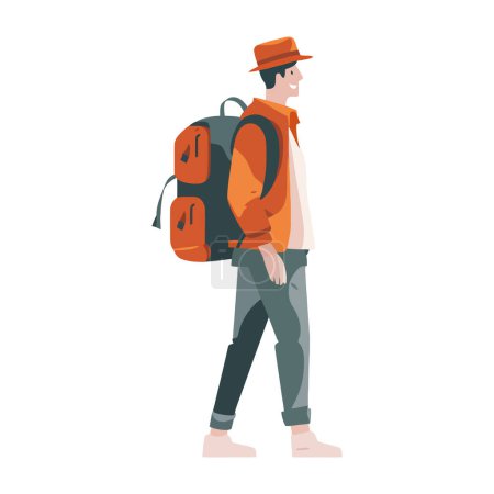 Téléchargez les illustrations : Une personne marche avec un sac à dos dans la nature sur blanc - en licence libre de droit