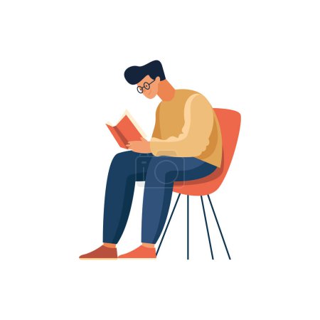 Ilustración de Una persona leyendo libro sentado en silla sobre blanco - Imagen libre de derechos