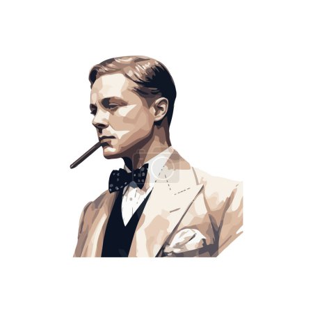 Illustration for Elegant businessman in bow tie smoking cigarette isolated - Royalty Free Image