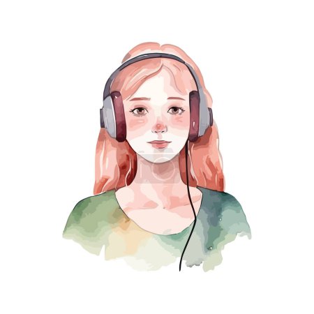 Ilustración de Mujer joven sonriendo en auriculares de moda sobre blanco - Imagen libre de derechos