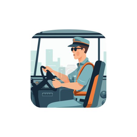 Ilustración de Hombres conduciendo carro de golf plano, aventura de verano aislado - Imagen libre de derechos