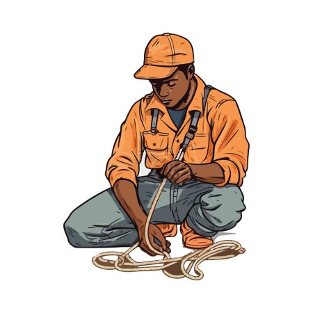 Illustration for Construction worker in hardhat repairs fishing rope isolated - Royalty Free Image