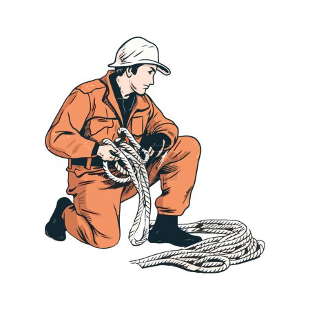 Téléchargez les illustrations : Un marin travaillant, nouant noeud sur voile isolé - en licence libre de droit