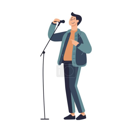Illustration for Smiling man holding microphone over white - Royalty Free Image