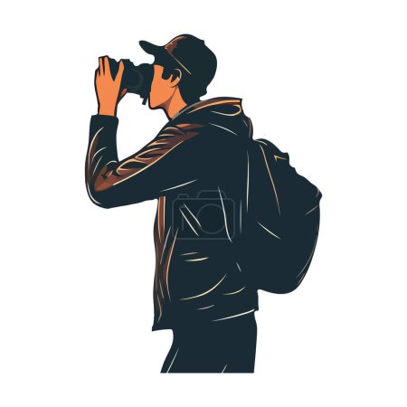 Ilustración de Persona caminando con mochila y cámara sobre blanco - Imagen libre de derechos