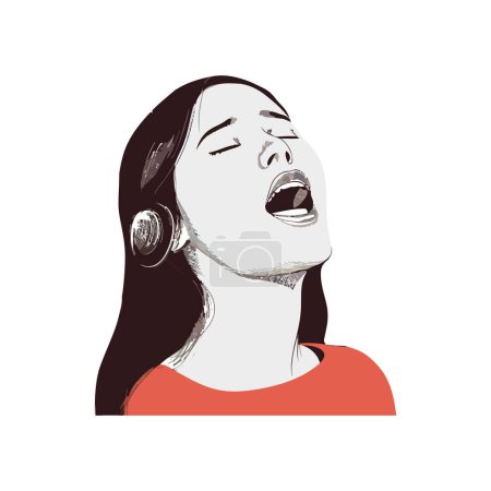 Téléchargez les illustrations : Souriant jeune femme chantant avec des écouteurs sur isolé - en licence libre de droit