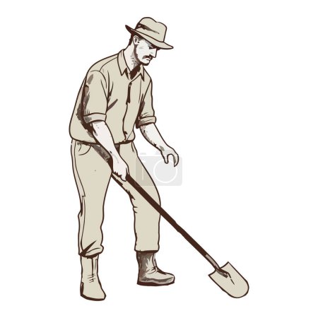 Illustration for One person working outdoors digging with shovel over white - Royalty Free Image