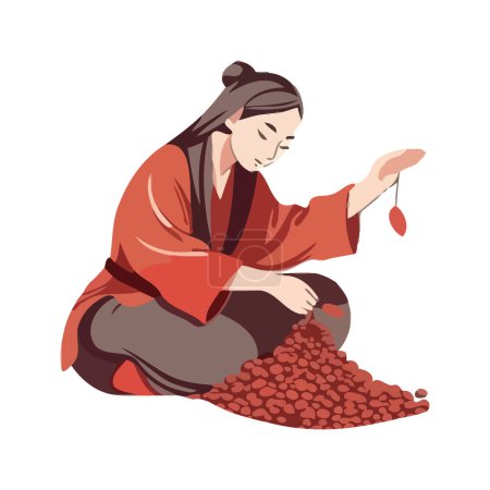Ilustración de Una mujer sosteniendo una cesta de fruta aislada - Imagen libre de derechos