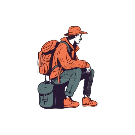 Ilustración de Una persona sentada con mochila en la naturaleza sobre blanco - Imagen libre de derechos