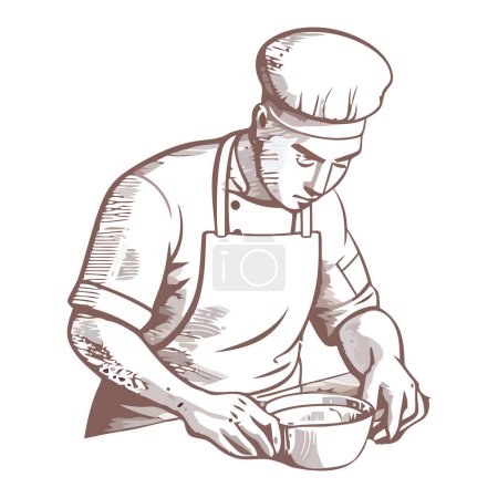 Téléchargez les illustrations : Chef tenant un bol de farine, préparant le repas sur blanc - en licence libre de droit