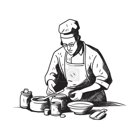 Téléchargez les illustrations : Un chef travaillant dans une cuisine commerciale sur blanc - en licence libre de droit