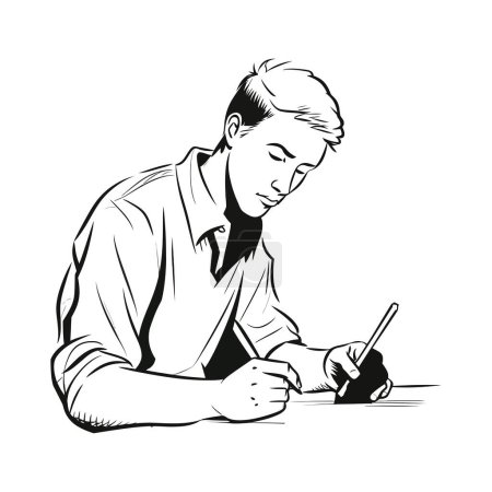 Téléchargez les illustrations : Une personne dessinant un portrait avec crayon sur blanc - en licence libre de droit