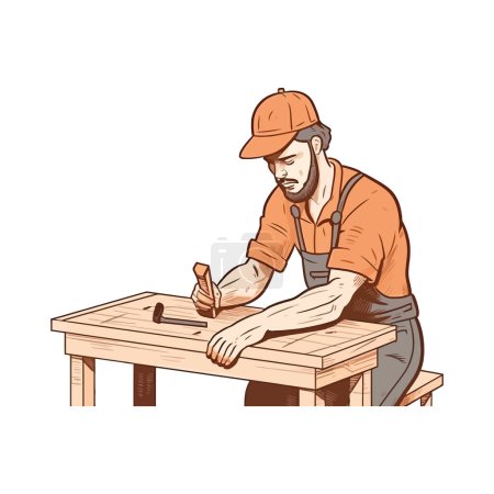 Téléchargez les illustrations : Charpentier réparant la planche en bois avec l'équipement sur blanc - en licence libre de droit