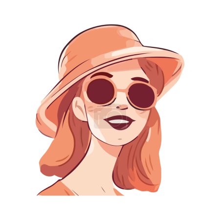 Ilustración de Una joven de moda sonríe con gafas de sol sobre blanco - Imagen libre de derechos