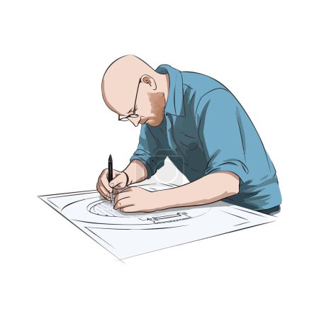 Téléchargez les illustrations : Un homme dessinant un plan pour l'industrie sur blanc - en licence libre de droit