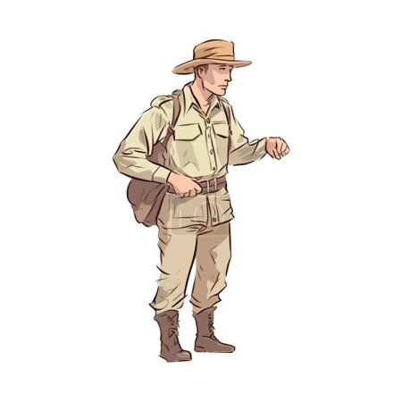 Illustration for One cowboy man hiking outdoors with backpack over white - Royalty Free Image