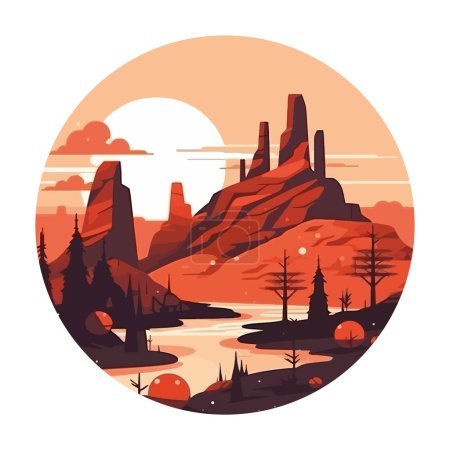 Illustration for Mountain peak silhouette against autumn sun over white - Royalty Free Image