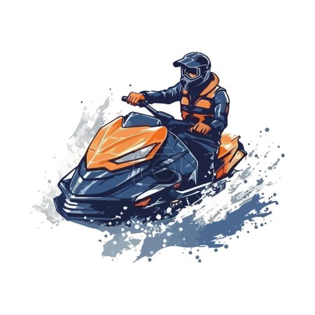 Illustration for Helmeted biker rides a snowmobile over white - Royalty Free Image