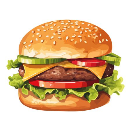 Illustration for Cheeseburger meal on sesame seed bun over white - Royalty Free Image