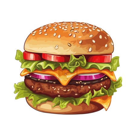 Illustration for Grilled burger on sesame bun with cheese over white - Royalty Free Image