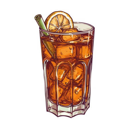 Illustration for Hand drops fresh lemon into whiskey cocktail glass over white - Royalty Free Image