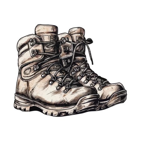 Illustration for Old army boots walking through rough terrain over white - Royalty Free Image
