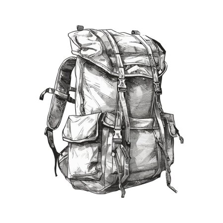 Ilustración de Aventura espera con mochila y equipo de senderismo sobre blanco - Imagen libre de derechos