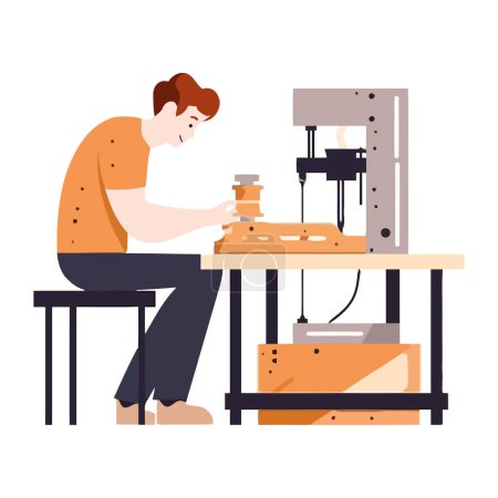 Téléchargez les illustrations : Charpentier utilisant des machines pour réparer l'icône de planche en bois isolé - en licence libre de droit