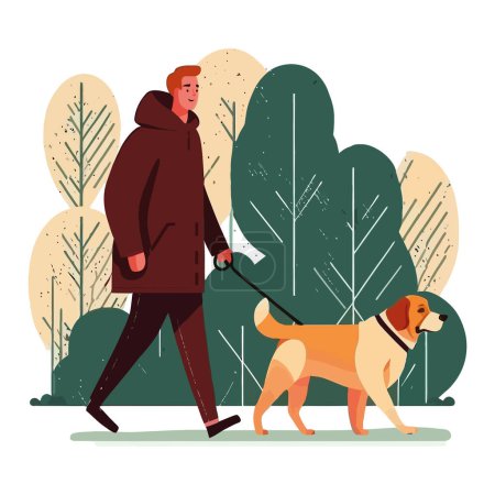 Ilustración de Pasear perro en el bosque de invierno, la amistad simboliza icono aislado - Imagen libre de derechos