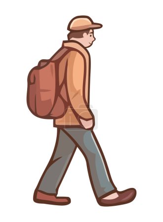 Téléchargez les illustrations : Jeune homme adulte marchant avec icône sac à dos isolé - en licence libre de droit