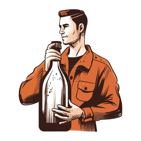 Téléchargez les illustrations : Un homme tenant une bouteille de whisky, buvant seul icône isolé - en licence libre de droit